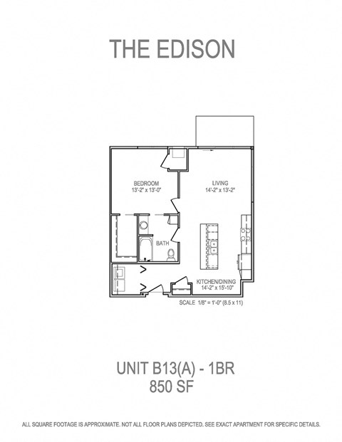 Floor plan for 1 bed, 1 bath, 851 sqft